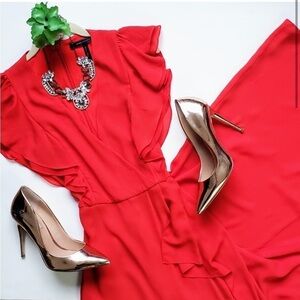 BCBG MAXAZRIA Callie Ruffled Gown Red Wrap Maxi Flutter Sleeve Ruffle Size 0
